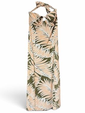 Tommy Bahama Olive & Peach Tropical Palm Striped Halter Maxi Dress Sz L
